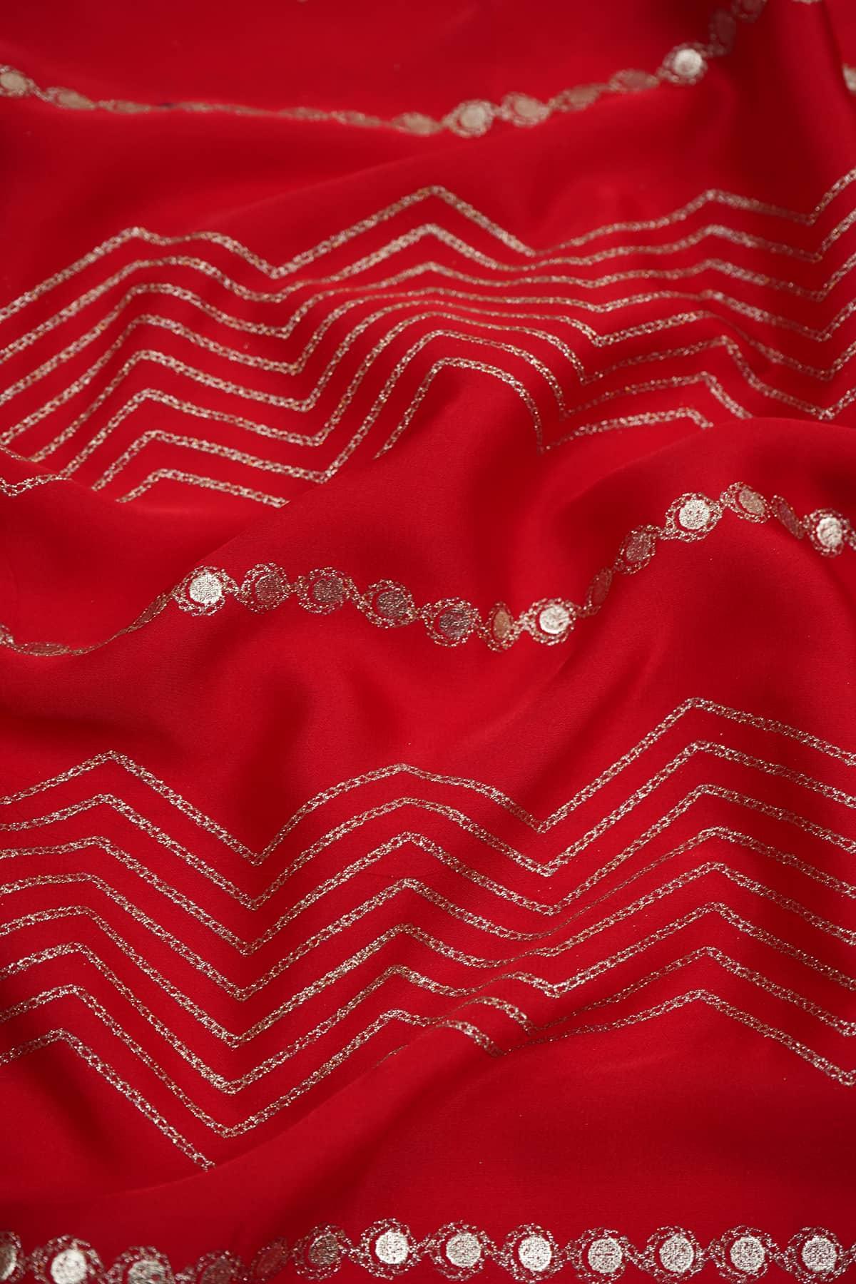 Stripes of Pin-Tucked Geometric Zig Zag Pattern on Red Charmie Satin - saraaha.com - accesories, blouses, Charmie Satin, dresses and more, Festive, gowns, indo western, kurtas, sarees, Satin, Screen Print- Foil Work, skirts, Suits, tops, trimmings
