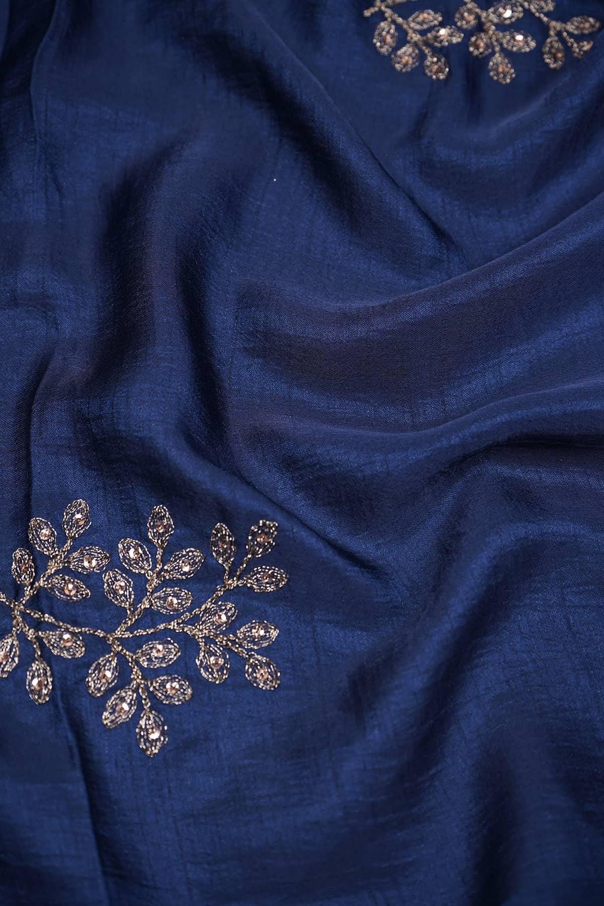 Navy Blue Colored Alina Silk Embedded with Gotta Patti Work - saraaha.com - Accessories, Alina silk, Embroidery, Festive, Kurtas, Kurtis, SILK, Skirts, Suits, Tops Dresses, Trimmings