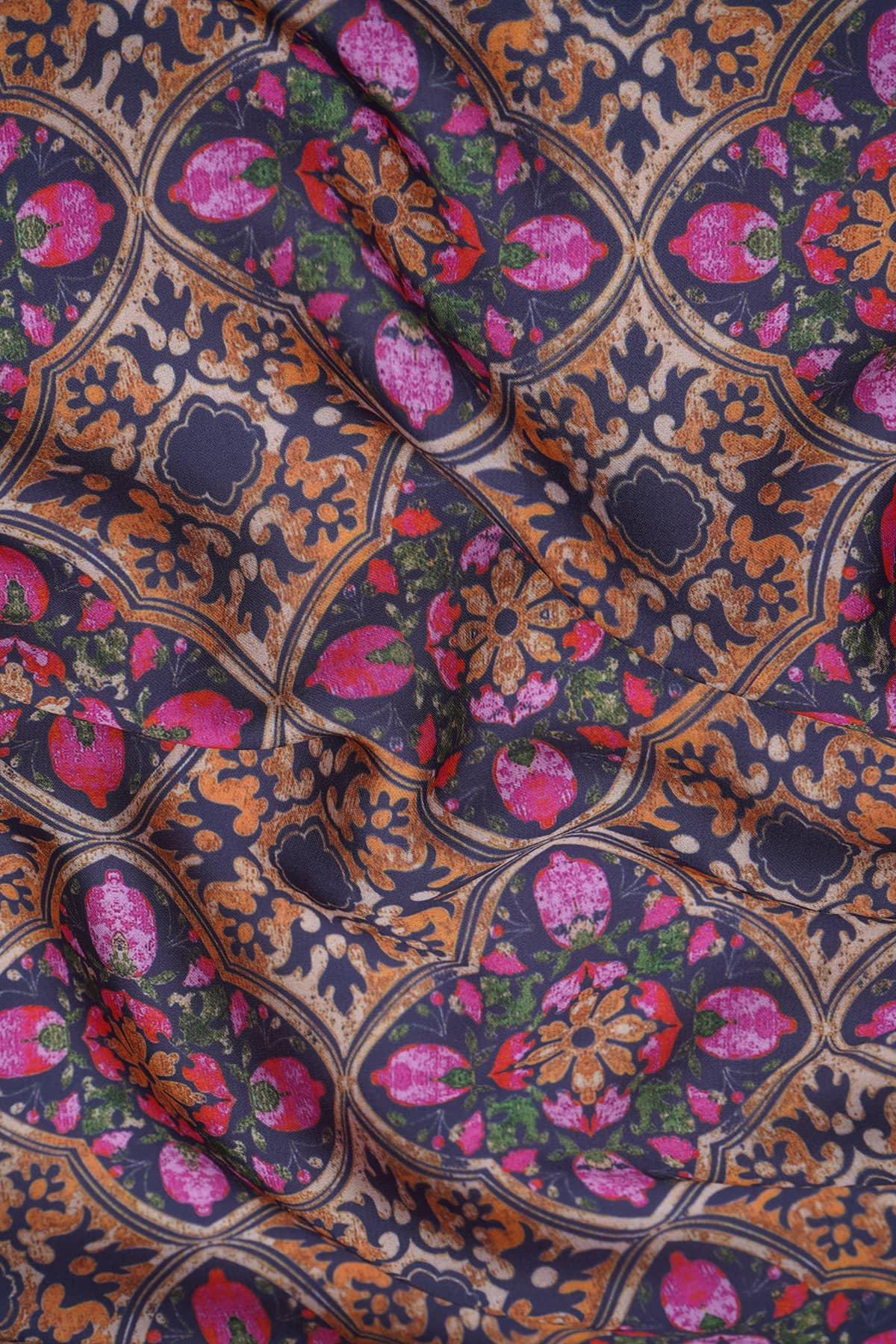 Pink and Mustard Floral Pattern Digitally Printed on Charmie Satin - saraaha.com - accesories, Casual, Charmie Satin, Digital Print, dresses and more, Formal, gowns, home decor, indo western, kurtas, sarees, Satin, Shirts, skirts, Suits, tops, trimmings