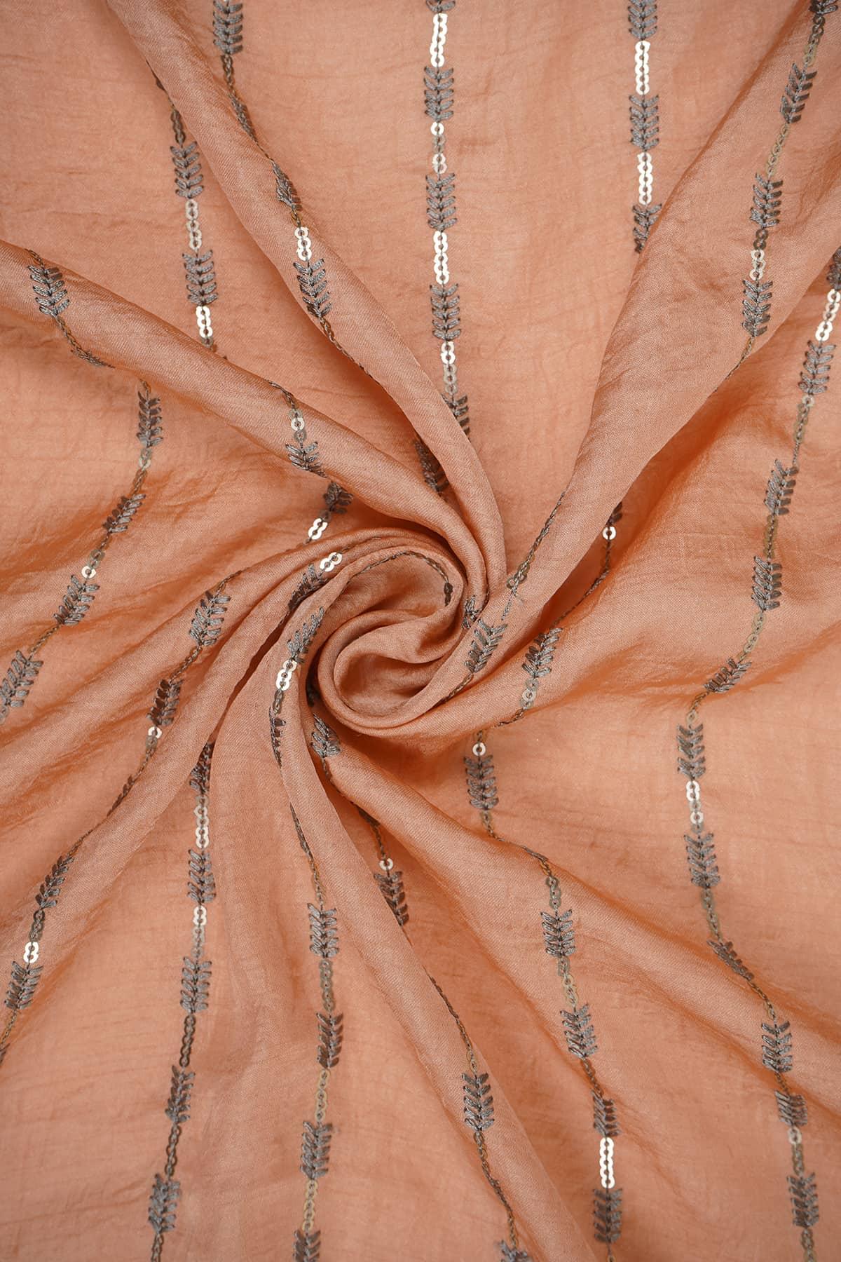 Silver Sequin Embroidery on Peach Yesha Silk - saraaha.com - blouses, Casual and Festive, dresses and more, Embroidery, gowns, indo western, kurtas, SILK, skirts, Suits, tops, Yesha Silk