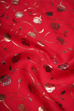 Rose-Plant Vine Foil Printed on Red Charmie Satin - saraaha.com - accesories, Charmie Satin, dresses and more, gowns, indo western, kurtas, sarees, Satin, Screen Print Foil Work, skirts, Suits, tops, trimmings