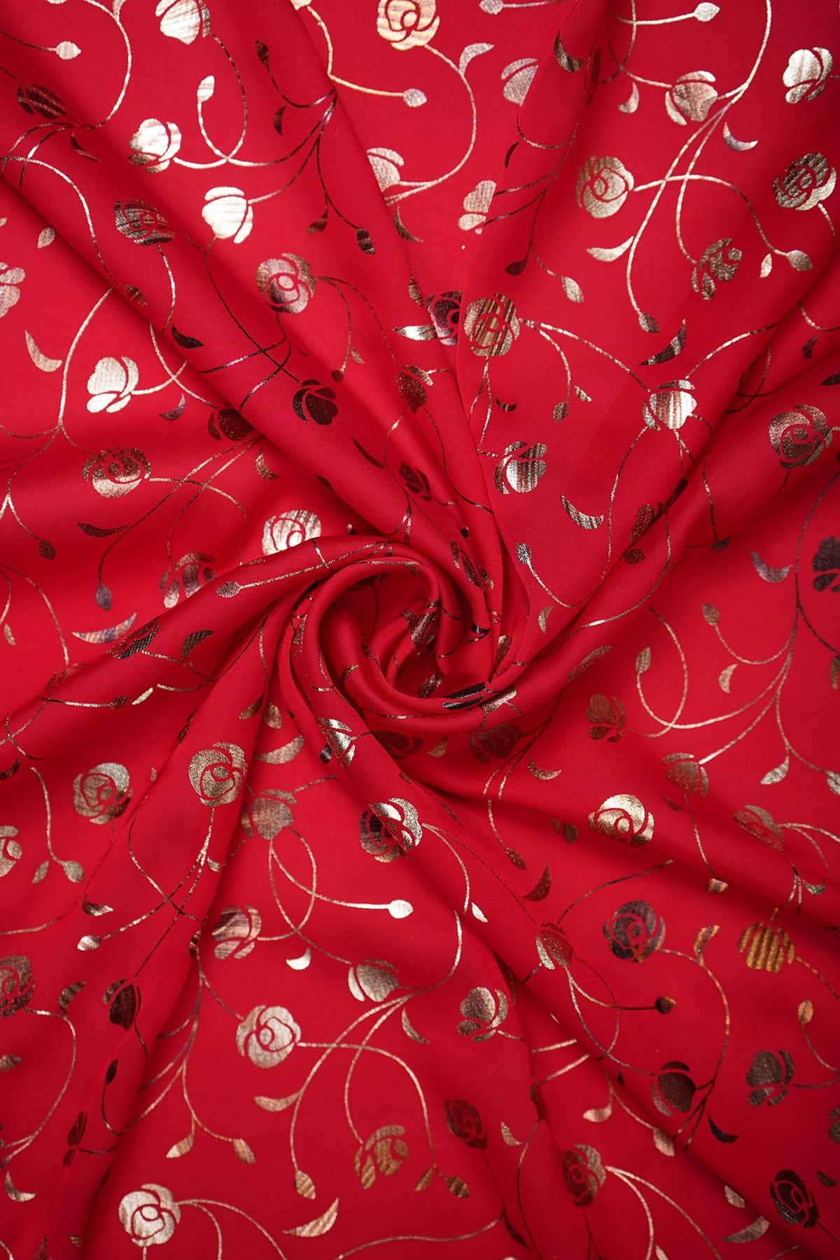 Rose-Plant Vine Foil Printed on Red Charmie Satin - saraaha.com - accesories, Charmie Satin, dresses and more, gowns, indo western, kurtas, sarees, Satin, Screen Print Foil Work, skirts, Suits, tops, trimmings