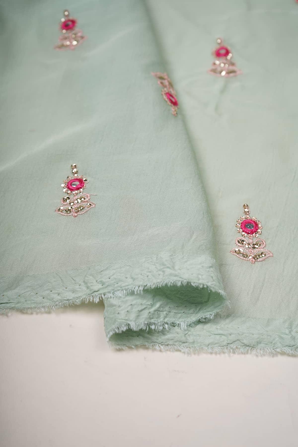 Pink Motif Embroidery on Pistachio Green Yesha Silk - saraaha.com - dresses and more, Embroidery, Festive, gowns, indo western, kurtas, SILK, skirts, Suits, tops, Yesha Silk
