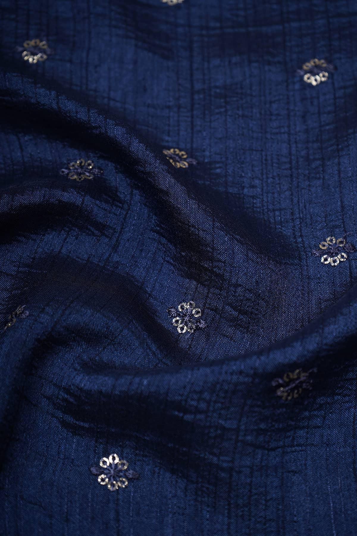 Silver Floral Sequin Motif Embroidered on Navy Blue Color Alina Silk - saraaha.com - Accessories, Alina silk, Embroidery, Festive, Kurtas, Kurtis, SILK, Skirts, Suits, Tops Dresses, Trimmings