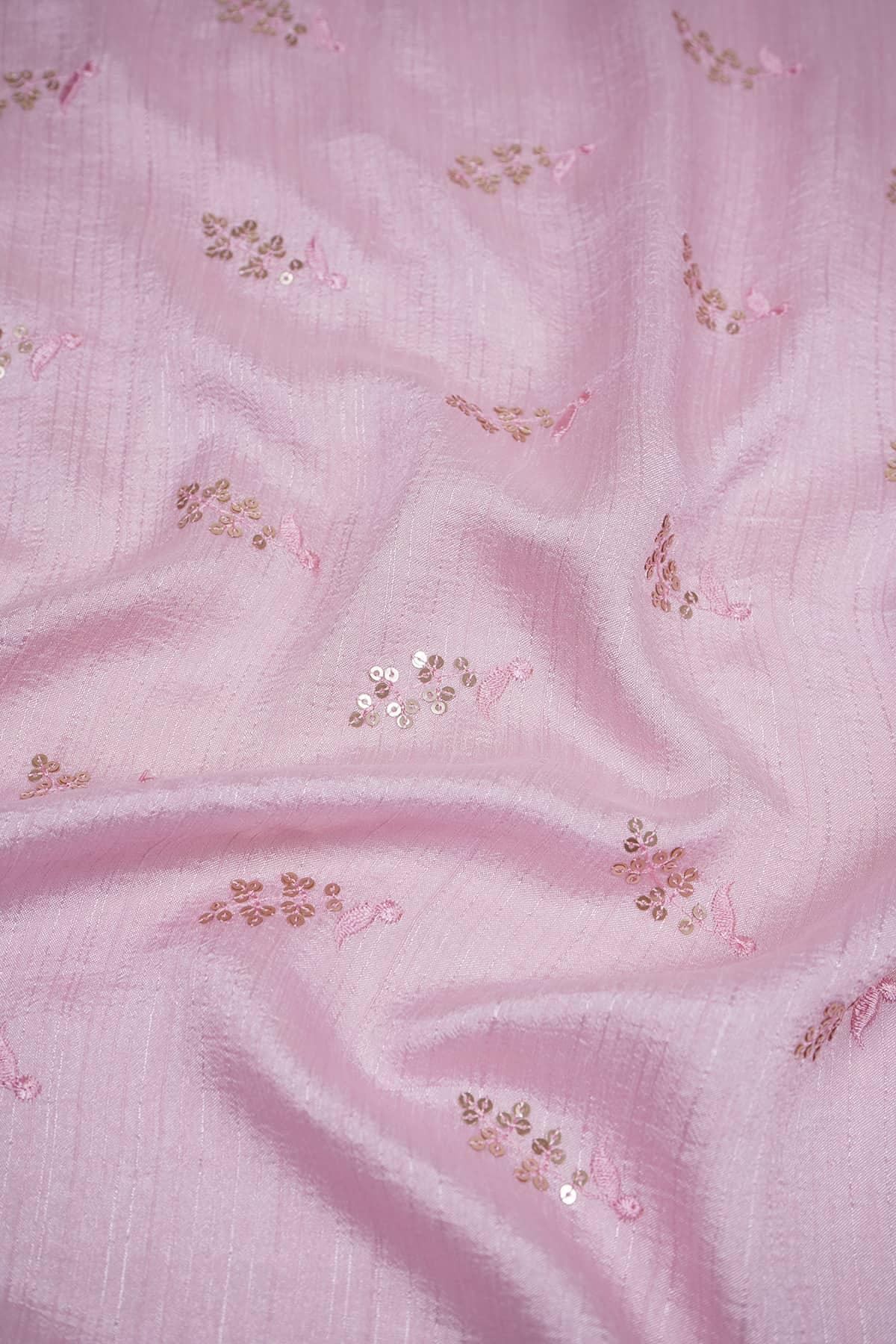 Floral Embroidery with Sequins on Alina Silk Fabric - Pink Swan Floral Embroidery with Sequins on Alina Silk Fabric - Pink Swan