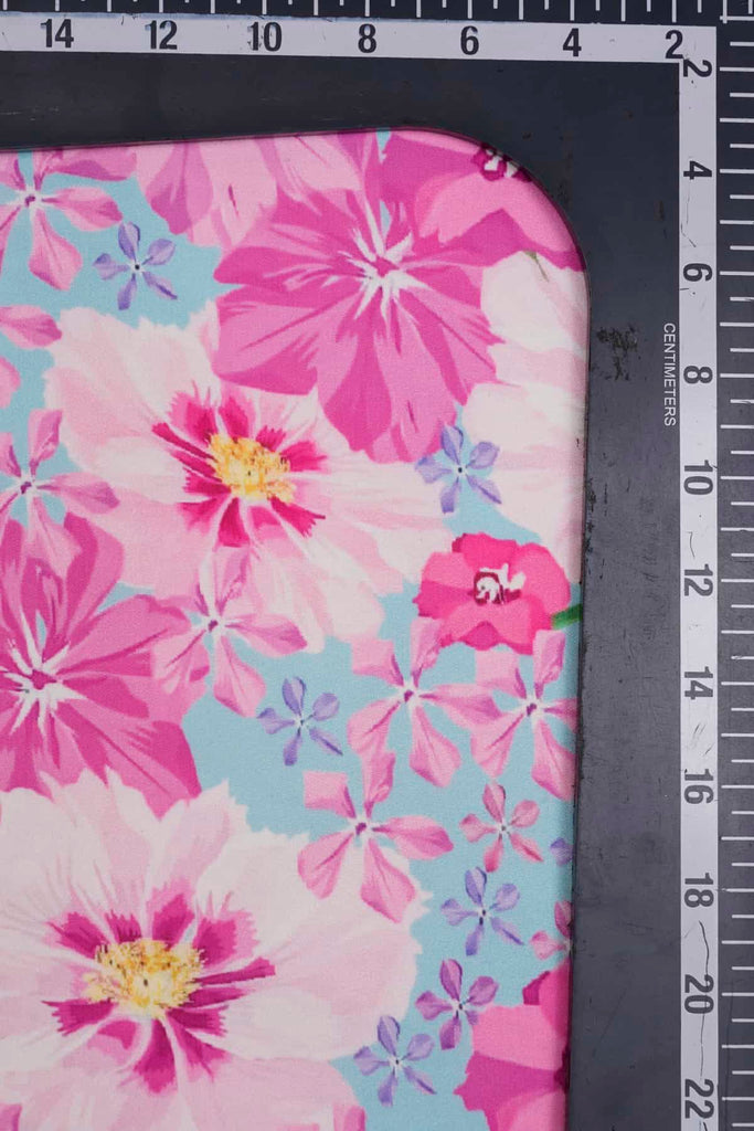 Pink and Blue Floral Leave Pattern Digitally Printed on Charmie Satin
