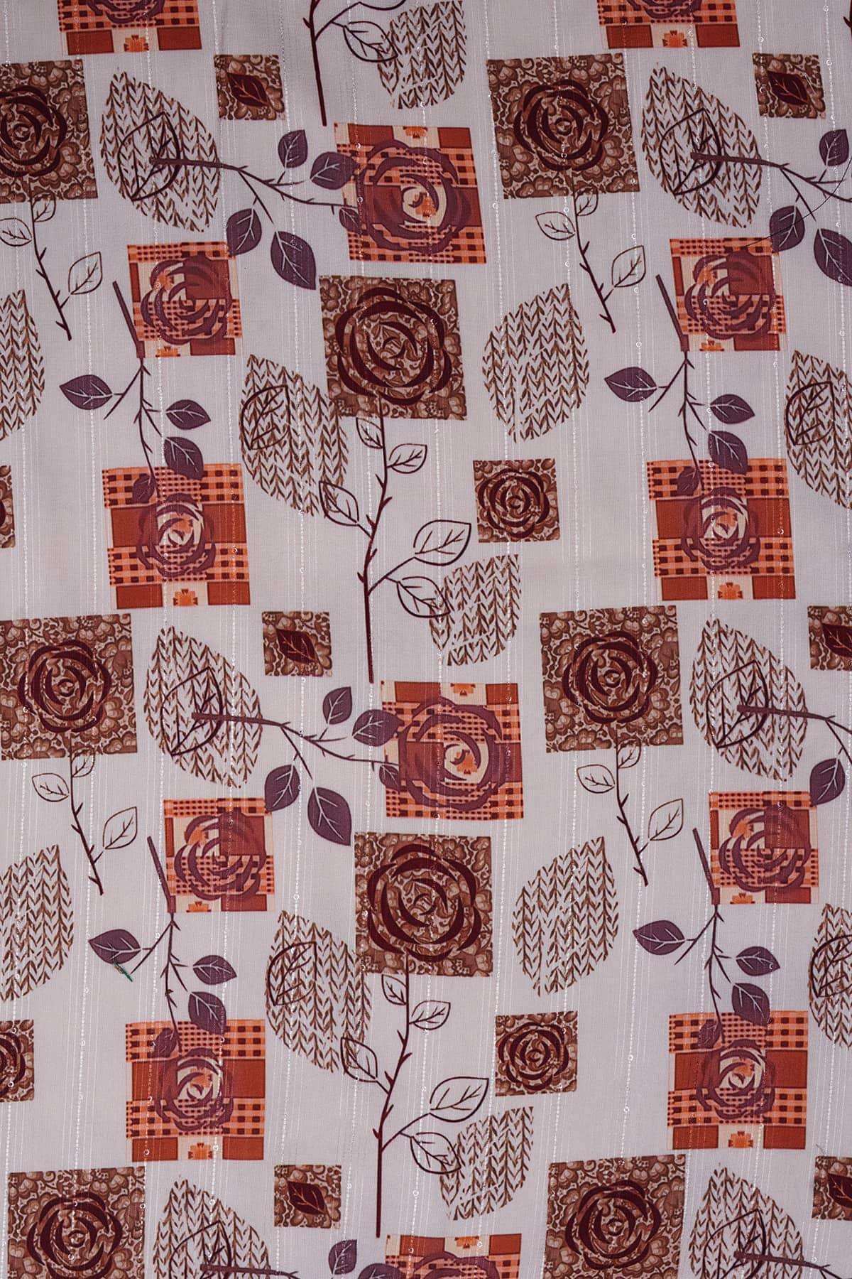 Orange and Brown Floral Design Digitally Printed on Halley Silk - saraaha.com - Accessories, Digital Print, Festive, Formal, Halley silk, Home Decor, Kurtas, Kurtis, Shirts, SILK, Skirts, Suits, Tops Dresses