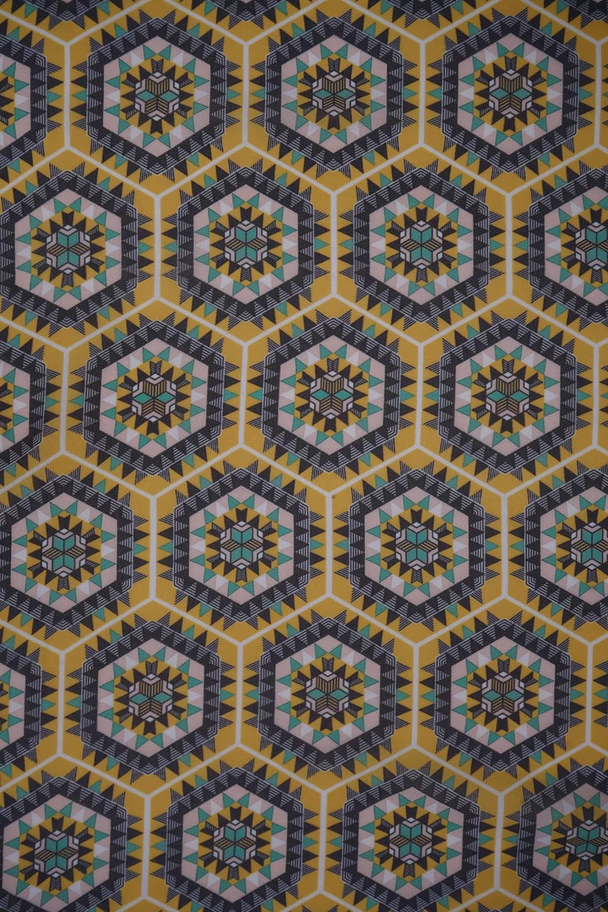 Yellow and Blue Hexagonal Pattern Digitally Printed on Nova Georgette - saraaha.com - Casual, Digital Print, Digital Prints, Dresses, Duppatas, Festive, Georgette, Home Decor, Indo western Lehengas, Kurtas, Kurtis, Nova Georgette, Sarees, Skirts, Suits