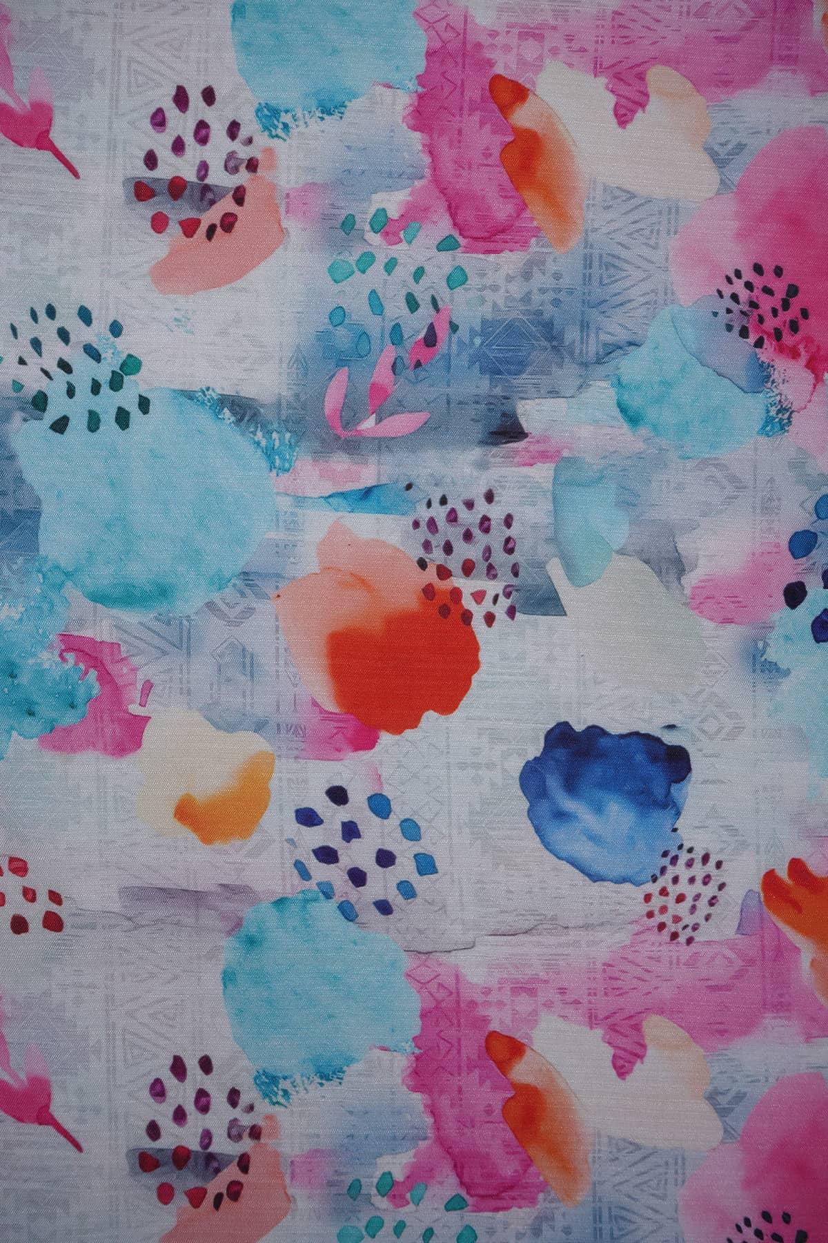 Pink and Sky Blue Abstract Watercolor Effect Digitally Printed on Rangna Silk - saraaha.com - Casual, Digital Print, ethnic kurtis, Festive, home decor, kurtas, lehengas, occasional garments, Rangna Silk, shirts, SILK