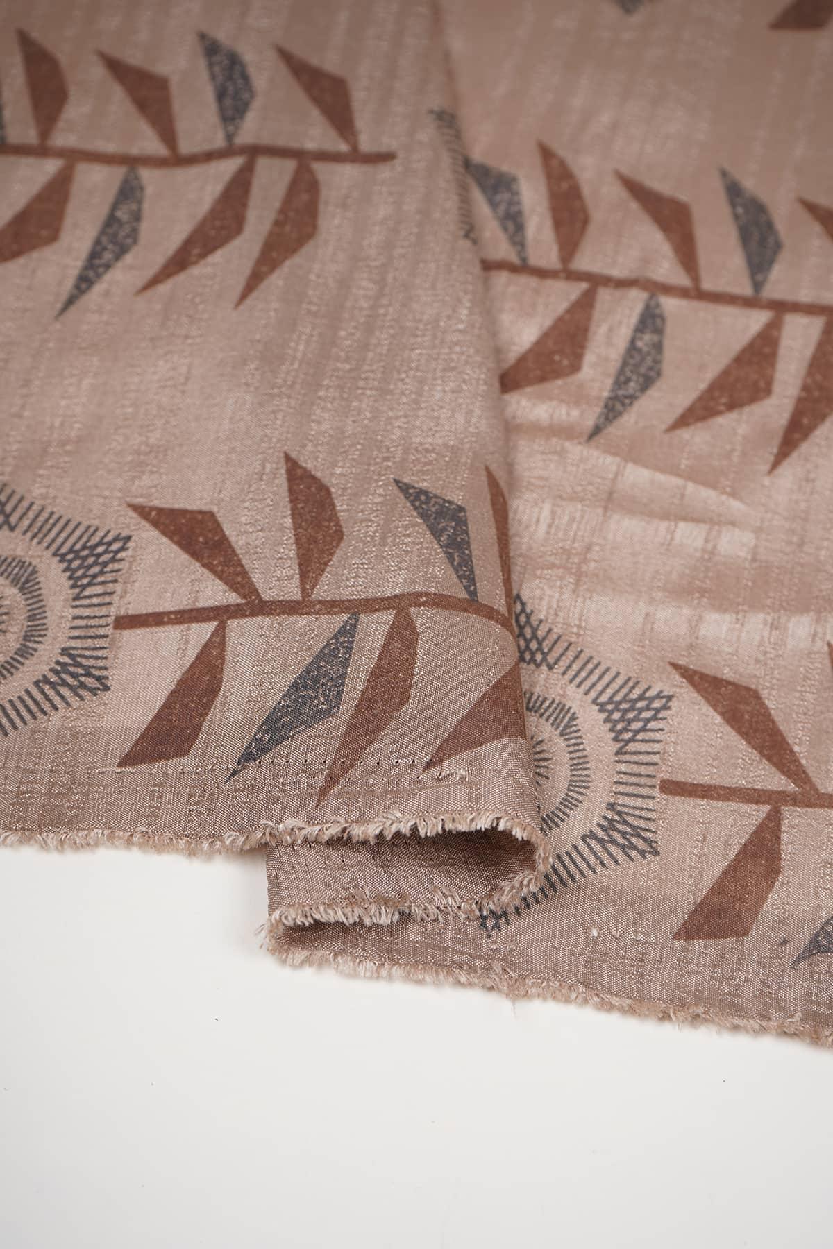 Floral-Abstract Pattern Screen Printed on Light Brown Vaao Silk - saraaha.com - Accessories, Casual, Formal, Kurtas, Kurtis, Screen Print, SILK, Skirts, Suits, Tops Dresses, vaao silk