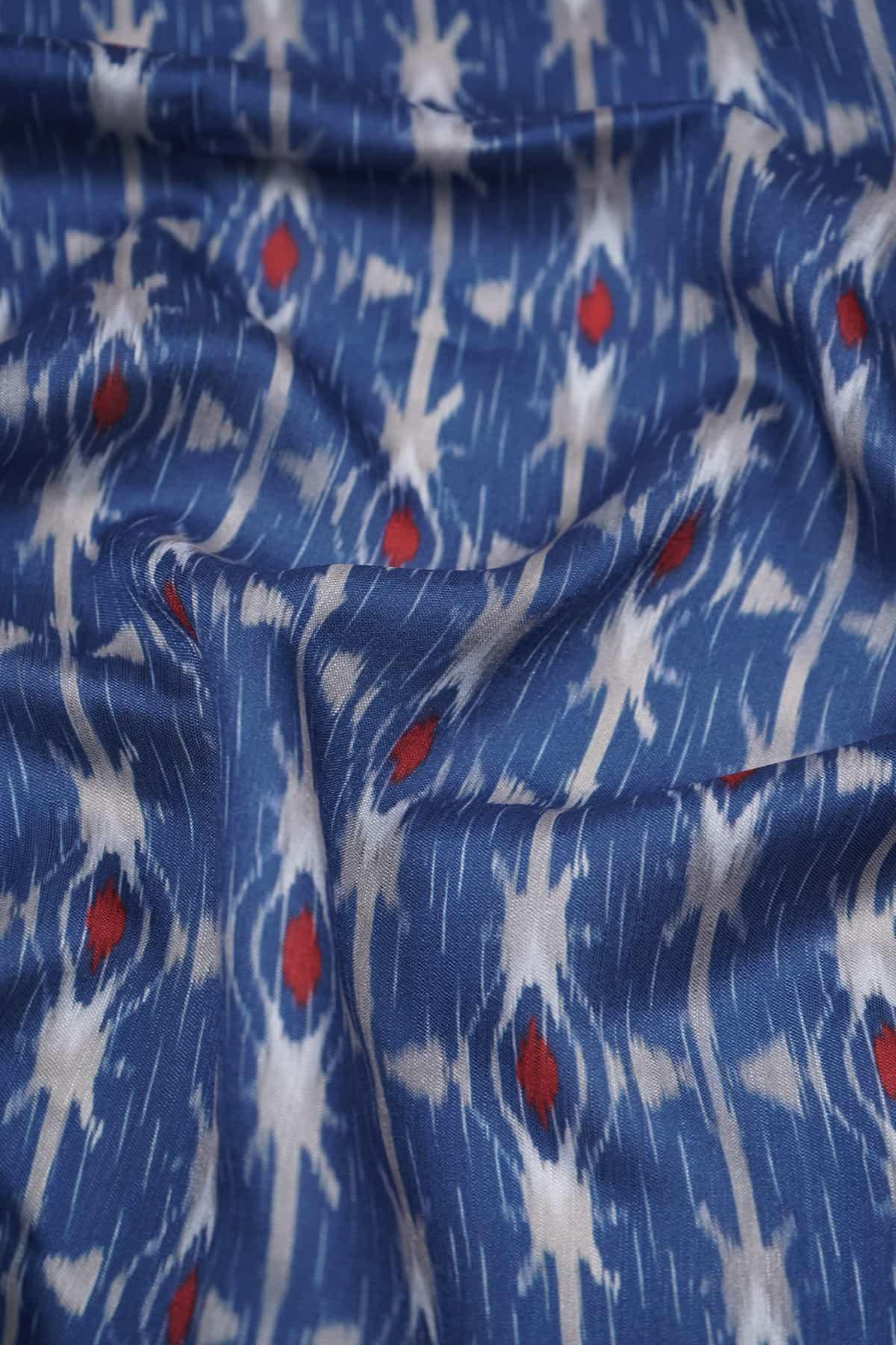 Blue and Red Color Ikat Pattern Digitally Printed on Rangna Silk - saraaha.com - Casual, Digital Print, ethnic kurtis, Festive, home decor, kurtas, lehengas, occasional  garments, Rangna Silk, SILK, skirts  shirts, suits
