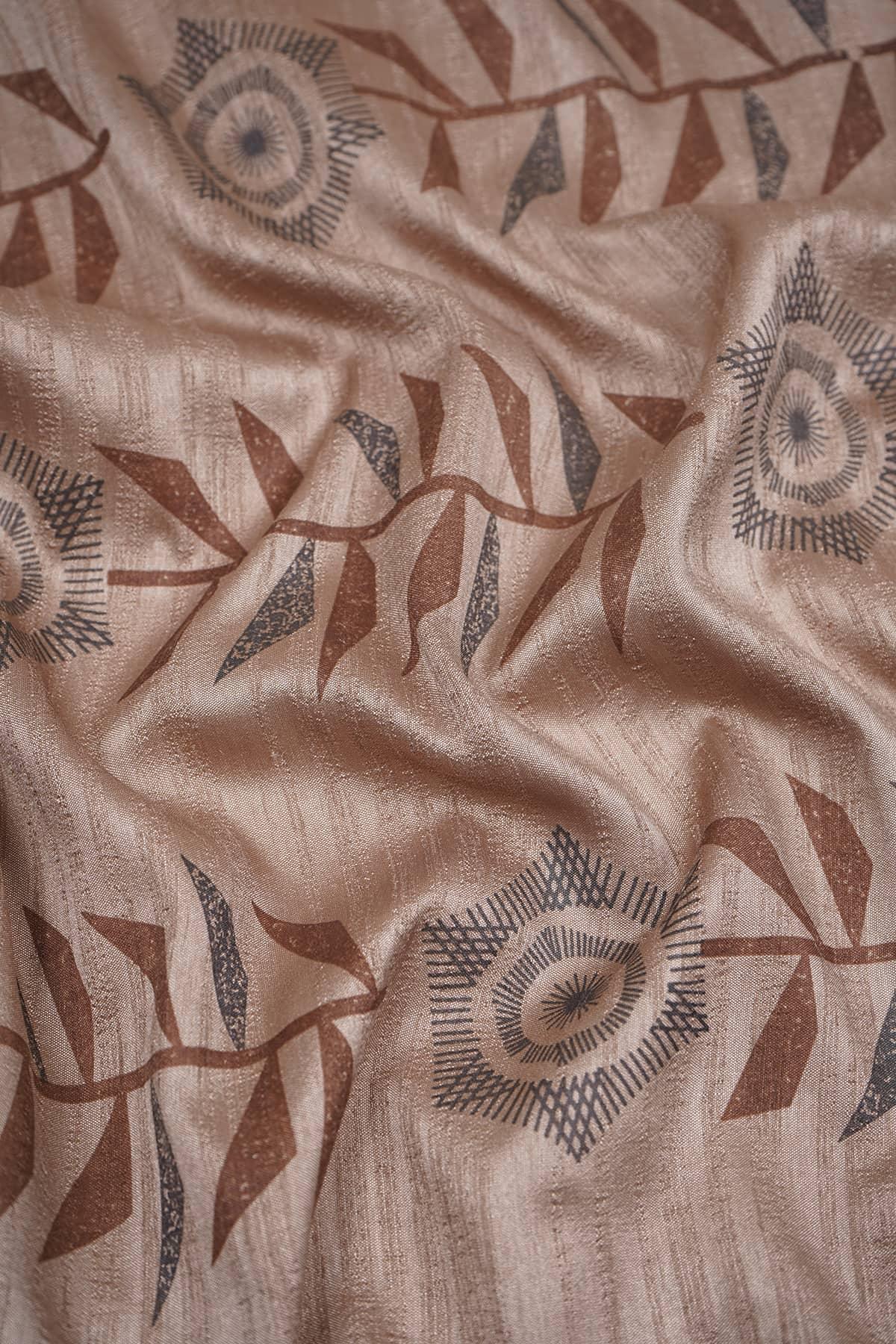 Floral-Abstract Pattern Screen Printed on Light Brown Vaao Silk - saraaha.com - Accessories, Casual, Formal, Kurtas, Kurtis, Screen Print, SILK, Skirts, Suits, Tops Dresses, vaao silk