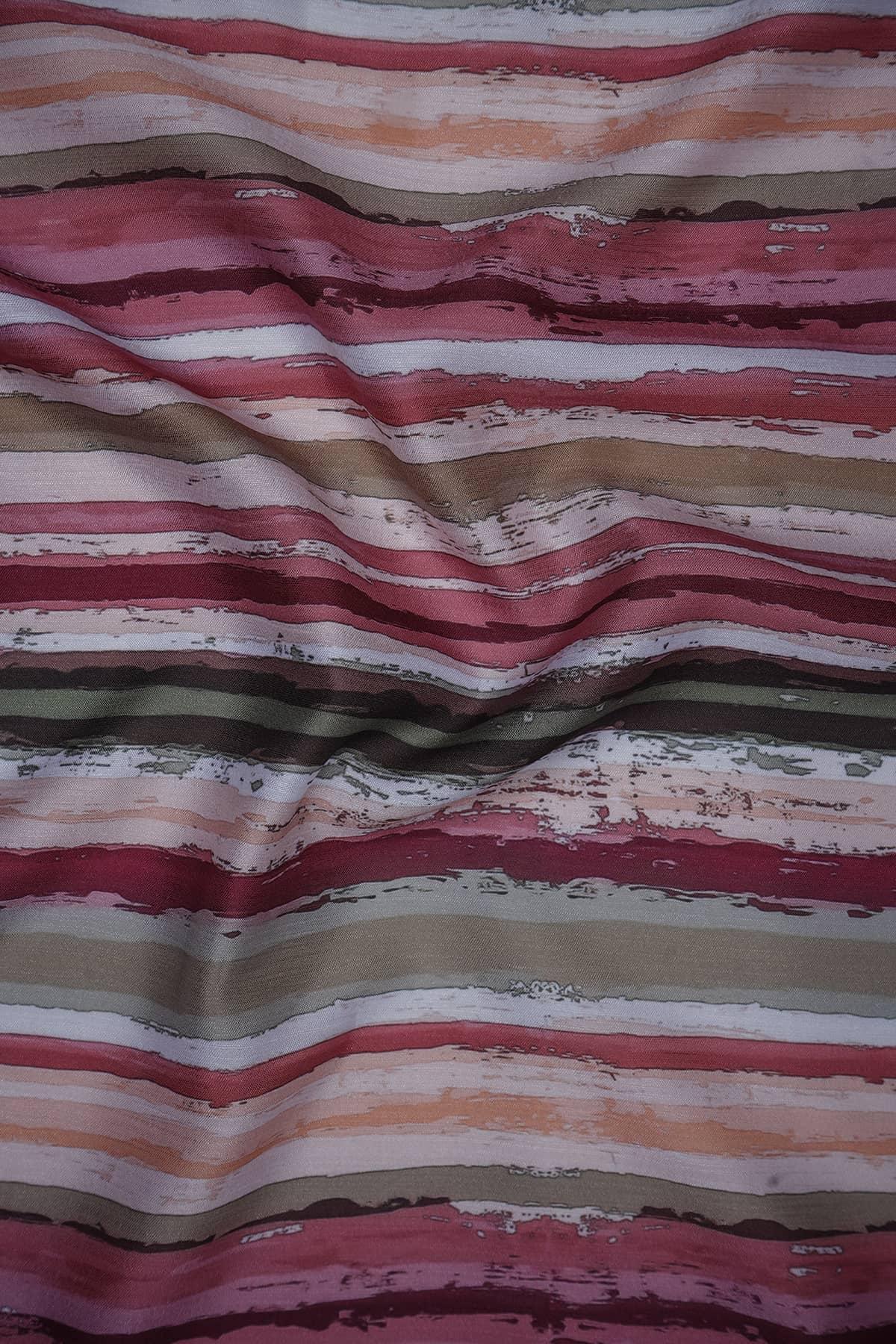 Red and Brown Color Stripes Pattern Digitally Printed on Rangna Silk - saraaha.com - Casual, Digital Print, ethnic kurtis, Festive, home decor, kurtas, lehengas, occasional garments, Rangna Silk, shirts, SILK