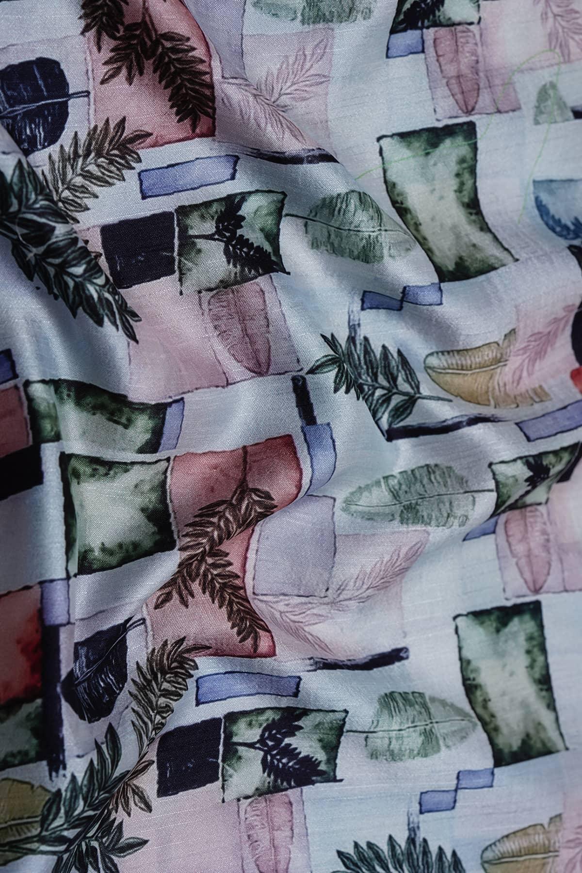Green Abstract-Leaf Pattern Digitally Printed on Alina Silk - saraaha.com - Accessories, Alina silk, Casual, Digital Print, Festive, Home Decor, Kurtas, Kurtis, Shirts, SILK, Skirts, Suits, Tops Dresses, Trimmings