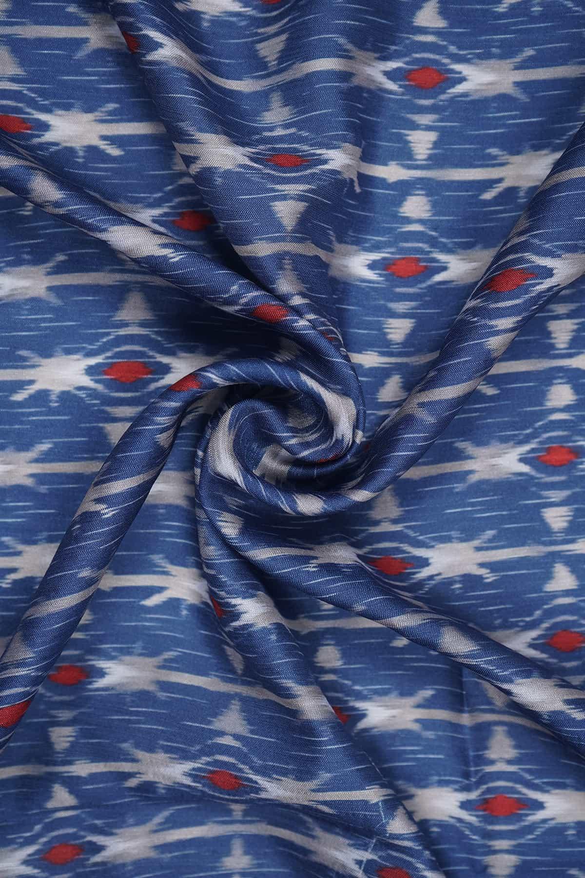 Blue and Red Color Ikat Pattern Digitally Printed on Rangna Silk - saraaha.com - Casual, Digital Print, ethnic kurtis, Festive, home decor, kurtas, lehengas, occasional  garments, Rangna Silk, SILK, skirts  shirts, suits