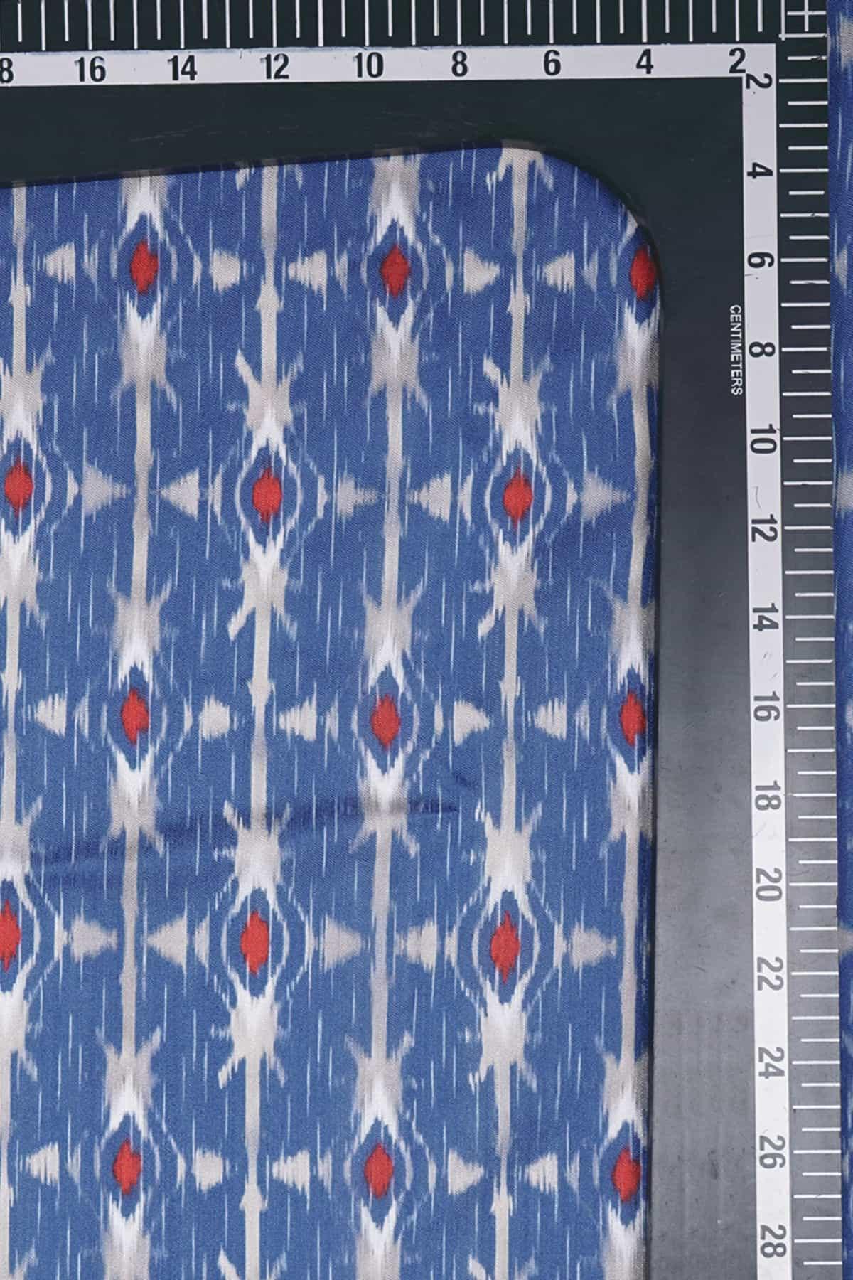 Blue and Red Color Ikat Pattern Digitally Printed on Rangna Silk - saraaha.com - Casual, Digital Print, ethnic kurtis, Festive, home decor, kurtas, lehengas, occasional  garments, Rangna Silk, SILK, skirts  shirts, suits