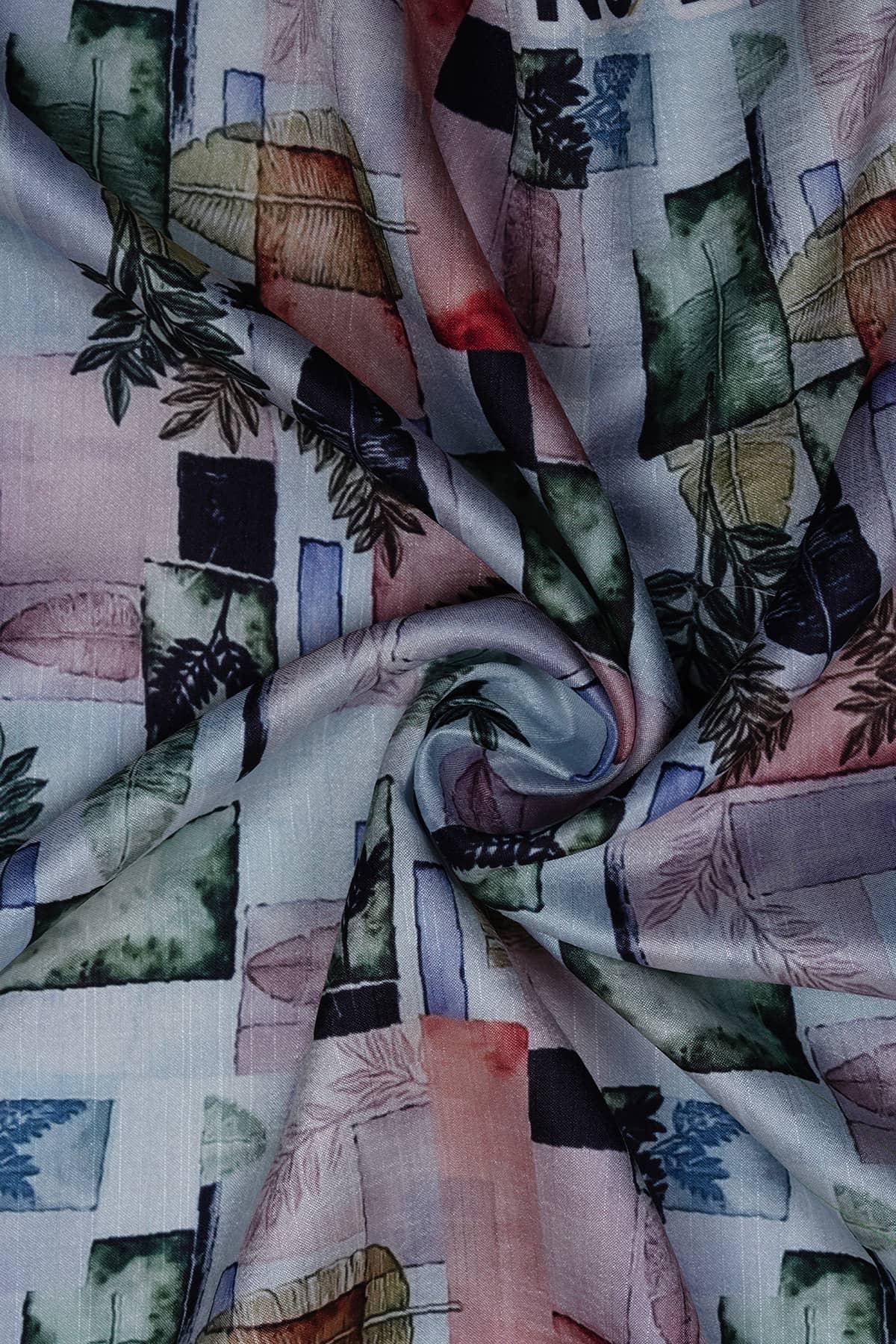 Green Abstract-Leaf Pattern Digitally Printed on Alina Silk - saraaha.com - Accessories, Alina silk, Casual, Digital Print, Festive, Home Decor, Kurtas, Kurtis, Shirts, SILK, Skirts, Suits, Tops Dresses, Trimmings