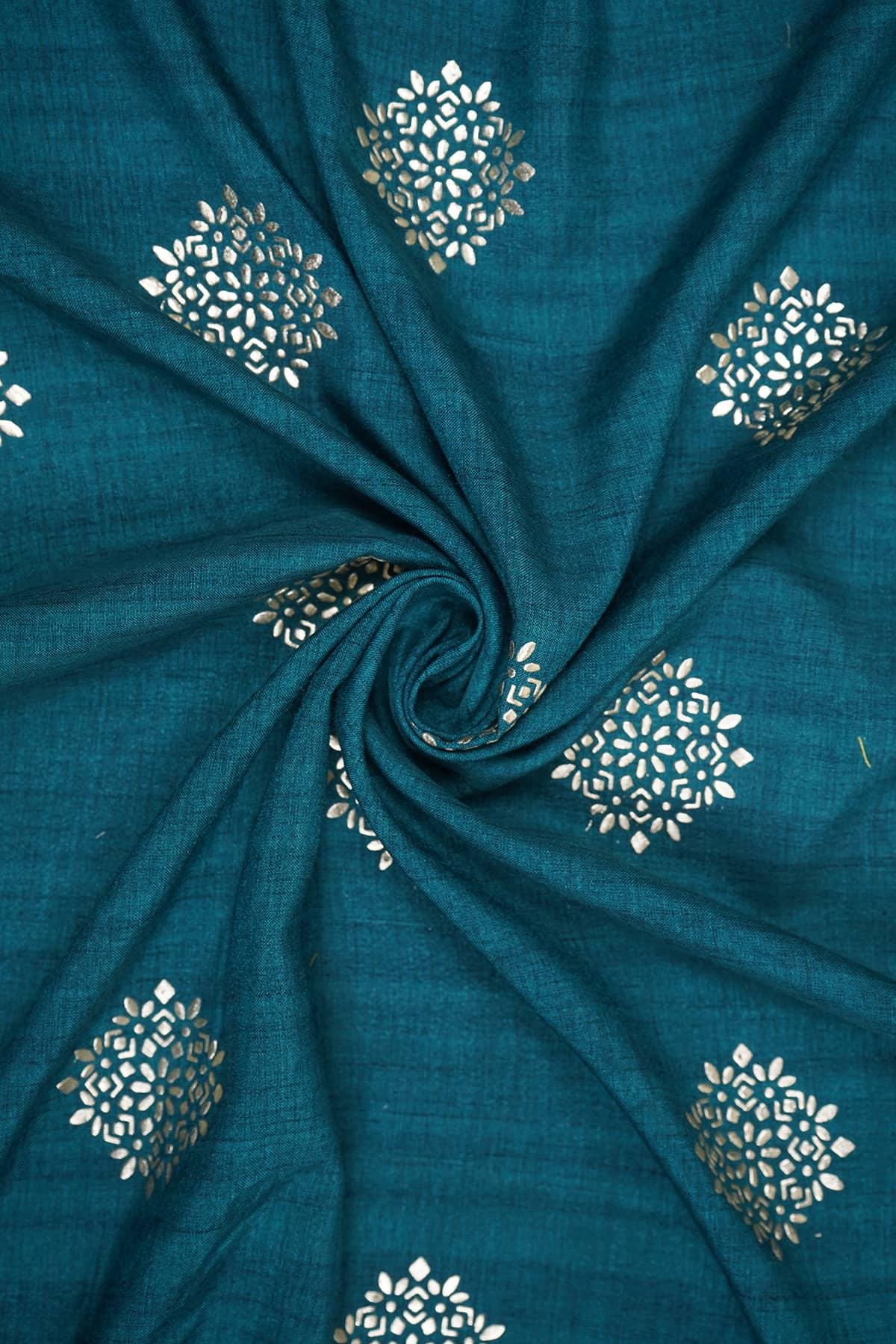 Floral- Geometric Work Screen Printed on Mia Silk of Peacock Green Color - saraaha.com - Accessories, Festive, Kurtas, Kurtis, mia silk, Screen Print, SILK, Skirts, Suits, Tops Dresses