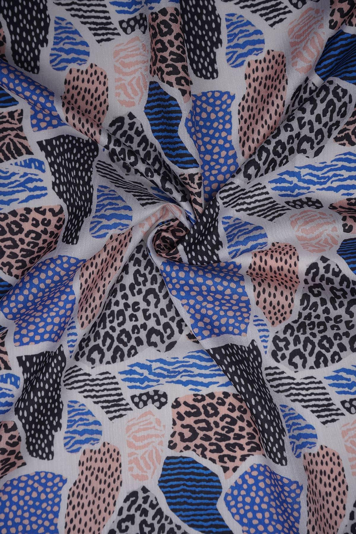 Blue and Black Color Animal Print Digitally Printed on Rangna Silk - saraaha.com - Casual, Digital Print, ethnic kurtis, Festive, home decor, kurtas, lehengas, occasional garments, Rangna Silk, shirts, SILK