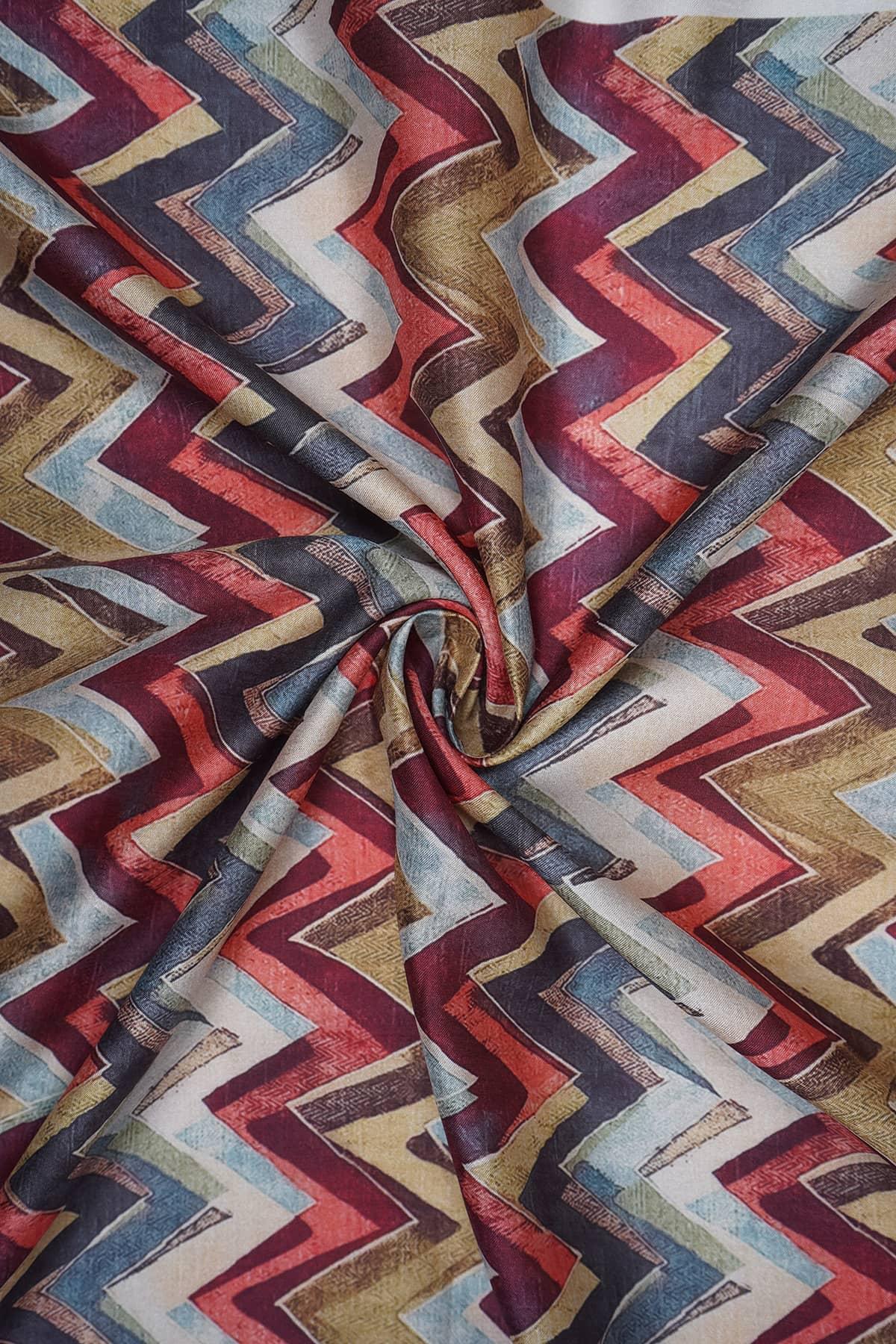 Multicolor Zigzag Pattern Digitally Printed on Yesha Silk - saraaha.com - Casual, Digital Print, dresses and more, Formal, gowns, Home decor, indo western, kurtas, Quirky, Shirts, SILK, skirts, Suits, tops, Yesha Silk
