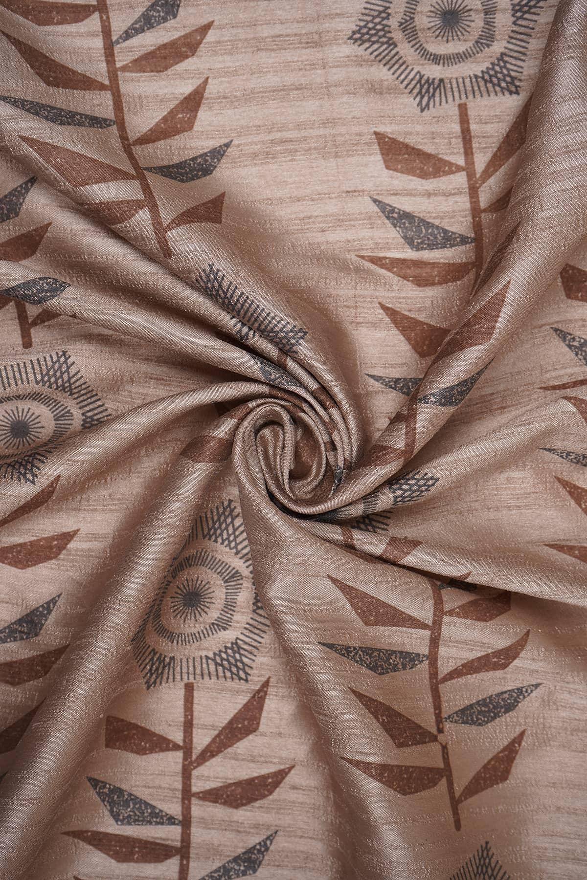 Floral-Abstract Pattern Screen Printed on Light Brown Vaao Silk - saraaha.com - Accessories, Casual, Formal, Kurtas, Kurtis, Screen Print, SILK, Skirts, Suits, Tops Dresses, vaao silk
