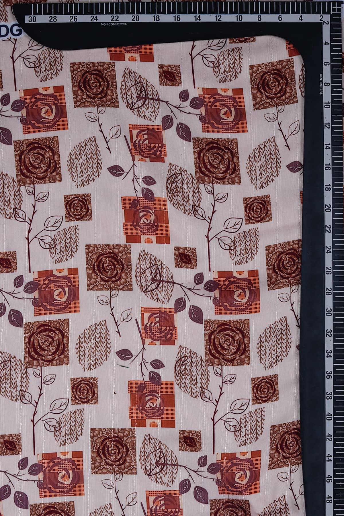 Orange and Brown Floral Design Digitally Printed on Halley Silk - saraaha.com - Accessories, Digital Print, Festive, Formal, Halley silk, Home Decor, Kurtas, Kurtis, Shirts, SILK, Skirts, Suits, Tops Dresses