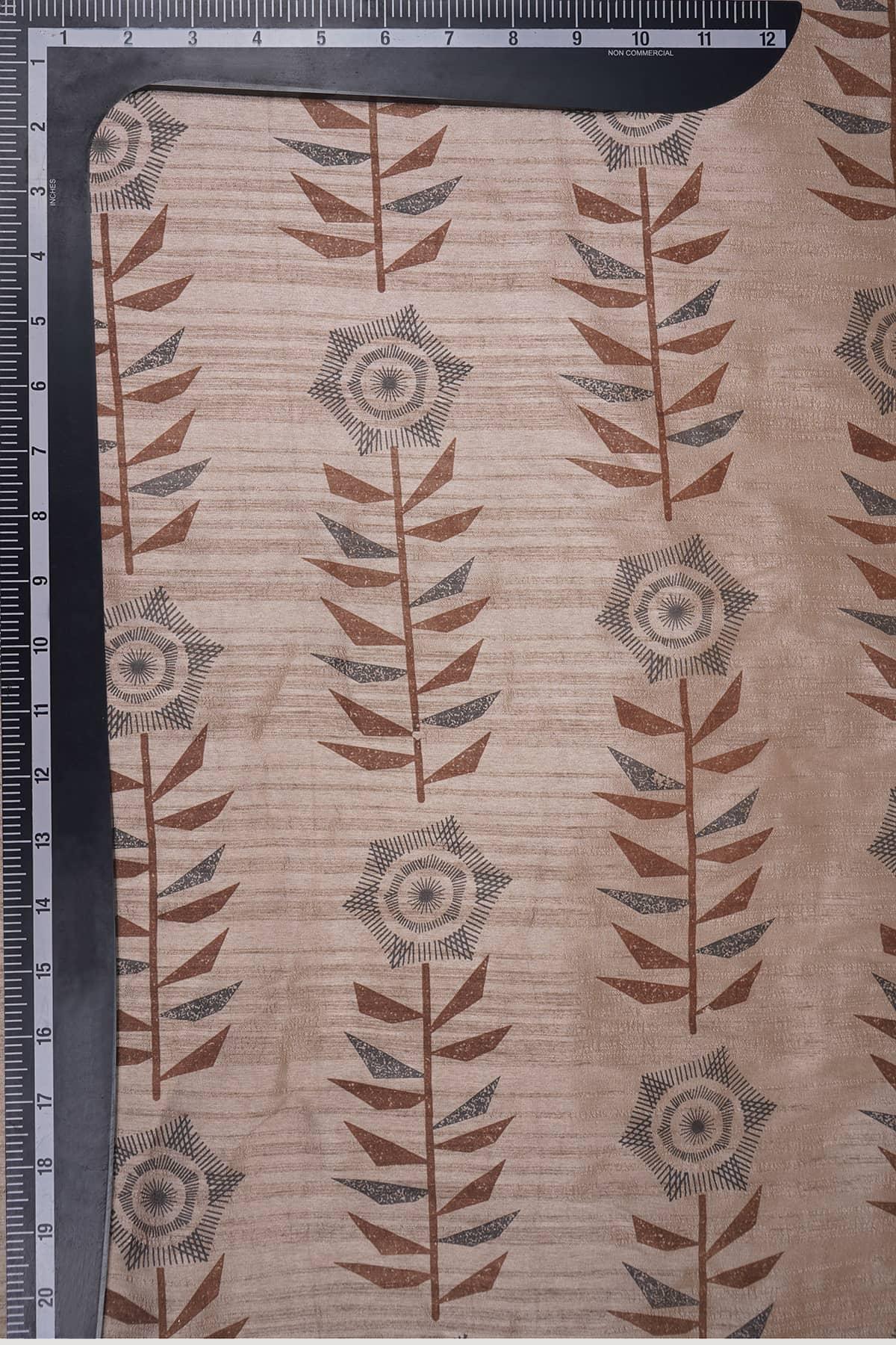 Floral-Abstract Pattern Screen Printed on Light Brown Vaao Silk - saraaha.com - Accessories, Casual, Formal, Kurtas, Kurtis, Screen Print, SILK, Skirts, Suits, Tops Dresses, vaao silk