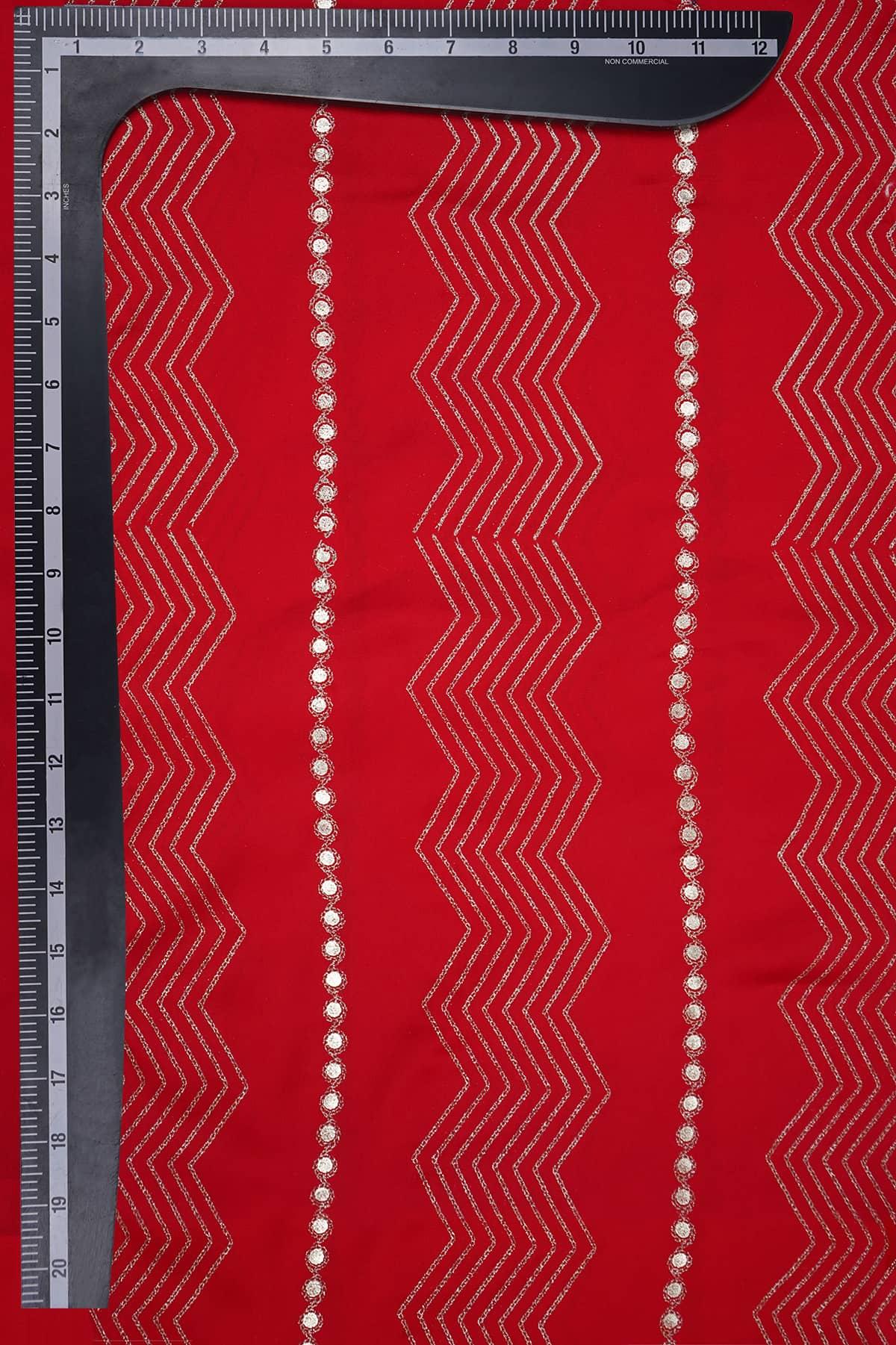 Stripes of Pin-Tucked Geometric Zig Zag Pattern on Red Charmie Satin - saraaha.com - accesories, blouses, Charmie Satin, dresses and more, Festive, gowns, indo western, kurtas, sarees, Satin, Screen Print- Foil Work, skirts, Suits, tops, trimmings