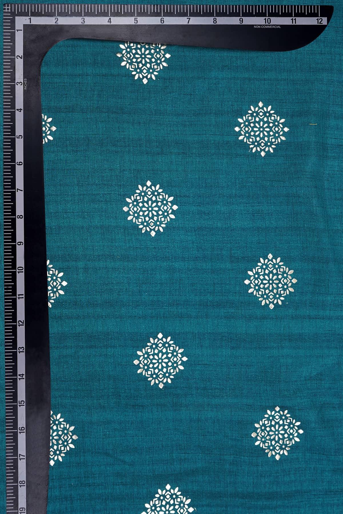 Floral- Geometric Work Screen Printed on Mia Silk of Peacock Green Color - saraaha.com - Accessories, Festive, Kurtas, Kurtis, mia silk, Screen Print, SILK, Skirts, Suits, Tops Dresses