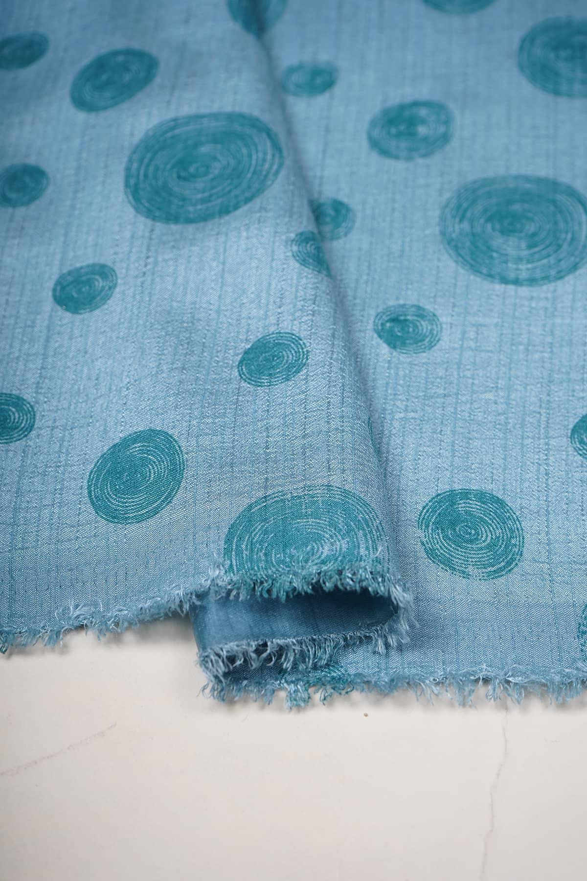Blue Spiral Pattern Screen Printed on Blue Coloured Alina Silk - saraaha.com - Accessories, Alina silk, Casual, Comfy Casual, comfy casuals, Dresses, Formal, Indo western Lehengas, Kurtas, Kurtis, Screen Print, Shirts, SILK, Skirts, Suits, Trimmings