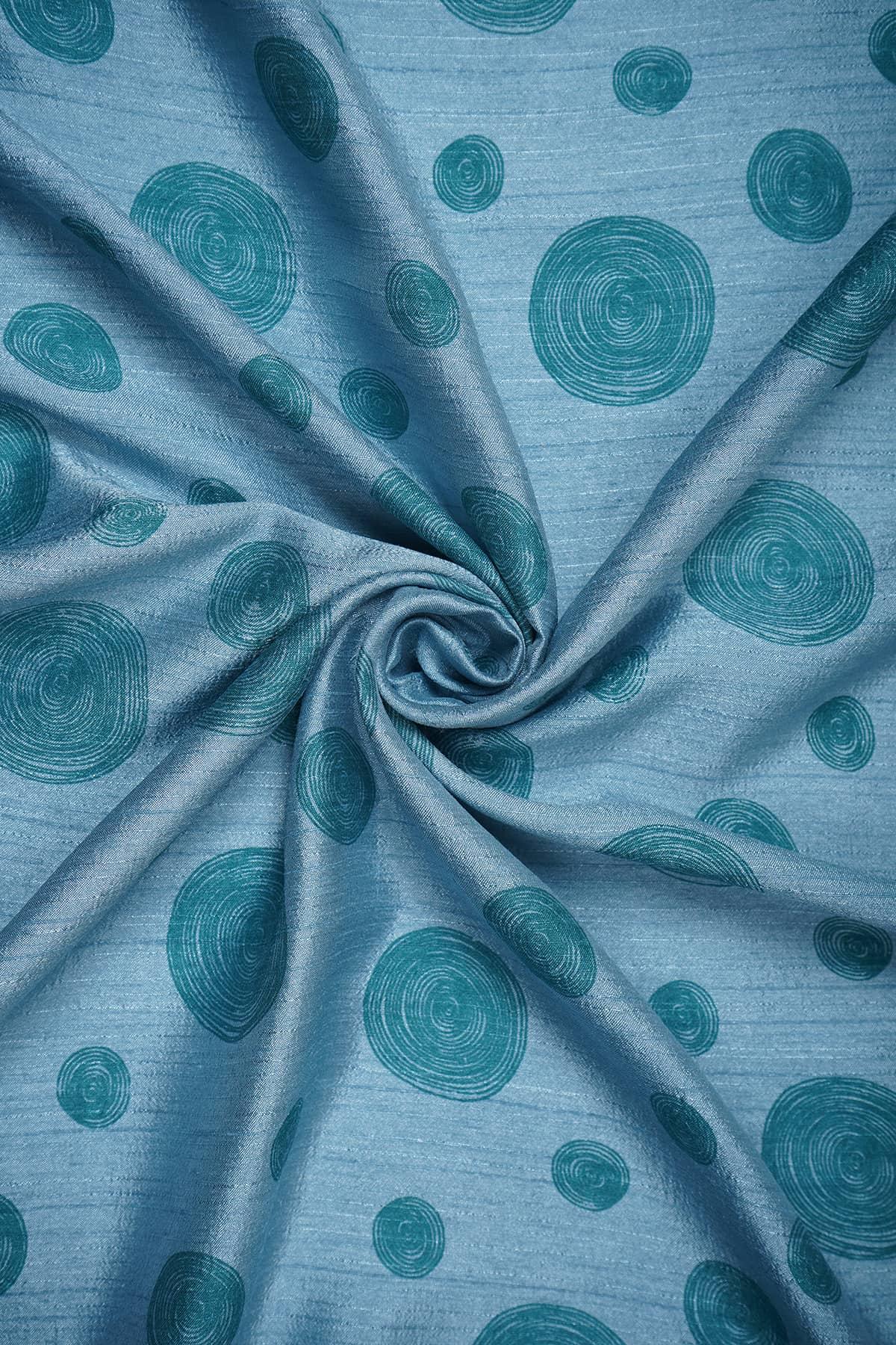 Blue Spiral Pattern Screen Printed on Blue Coloured Alina Silk - saraaha.com - Accessories, Alina silk, Casual, Comfy Casual, comfy casuals, Dresses, Formal, Indo western Lehengas, Kurtas, Kurtis, Screen Print, Shirts, SILK, Skirts, Suits, Trimmings