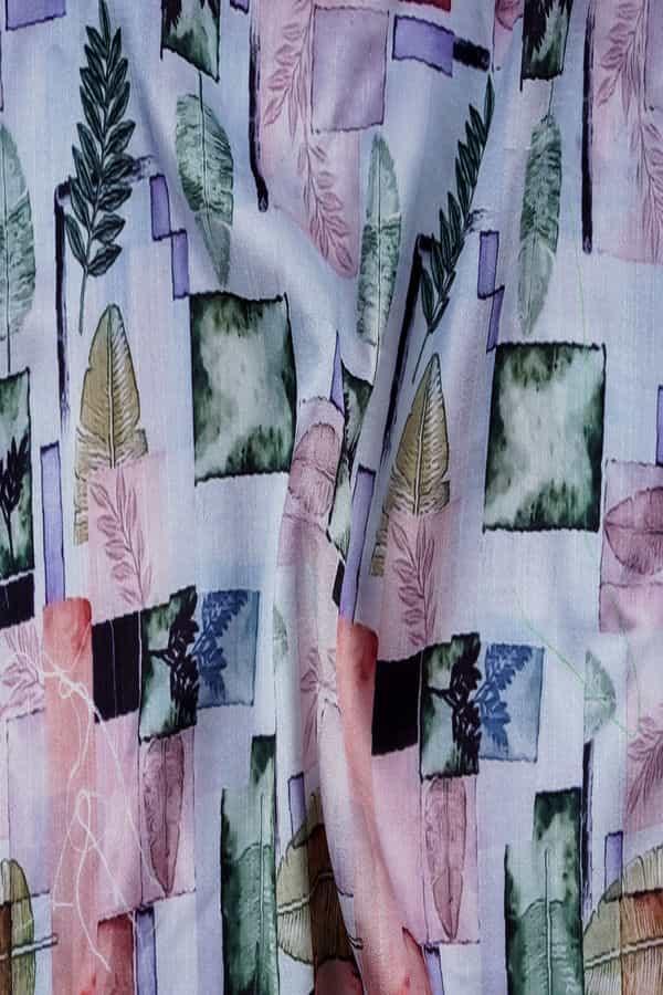 Green Abstract-Leaf Pattern Digitally Printed on Alina Silk - saraaha.com - Accessories, Alina silk, Casual, Digital Print, Festive, Home Decor, Kurtas, Kurtis, Shirts, SILK, Skirts, Suits, Tops Dresses, Trimmings