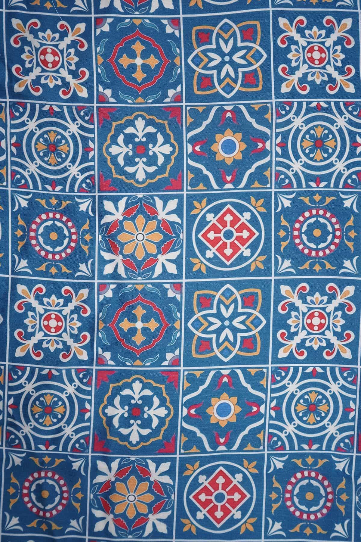 Vintage Moroccan Tile Pattern Digitally Printed on Rangna Silk - saraaha.com - Casual, Digital Print, ethnic kurtis, Festive, home decor, kurtas, lehengas, occasional  garments, Rangna Silk, SILK, skirts  shirts, suits